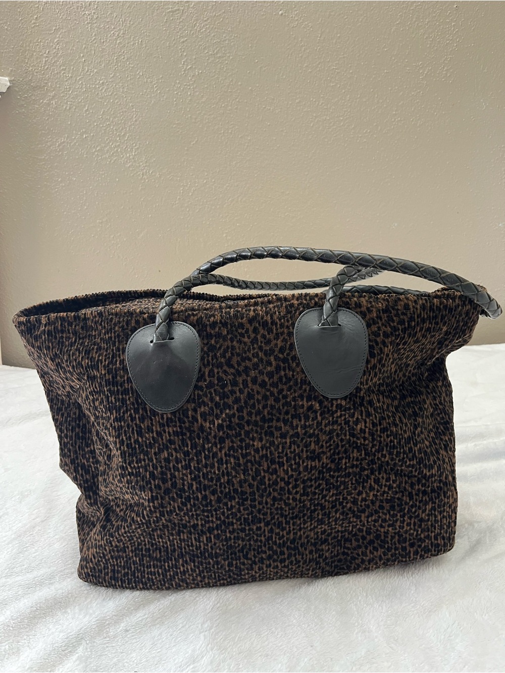 Nordic House Designs Leopard Print Corduroy Tote Bag Braided Leather Handles - Picture 5 of 12